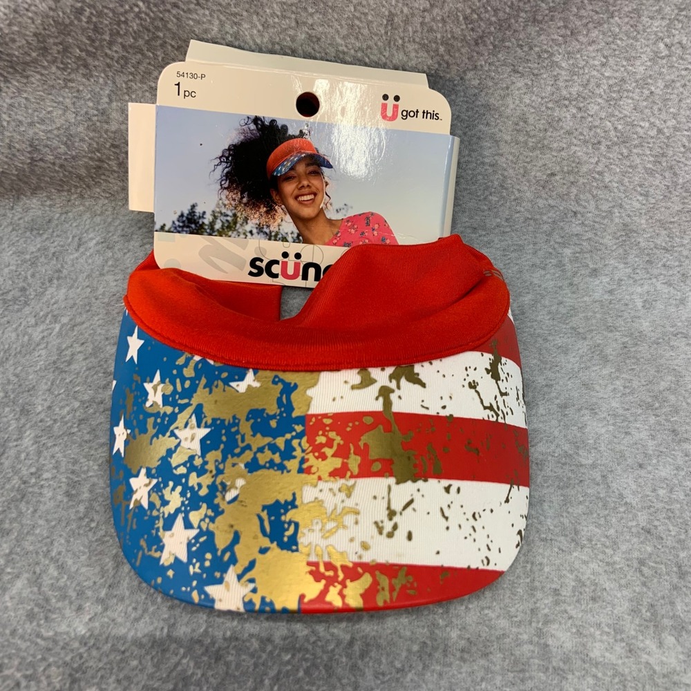 American Flag Women Red Scunci Visor Hat Stars Stripes Distressed Gold OSFM